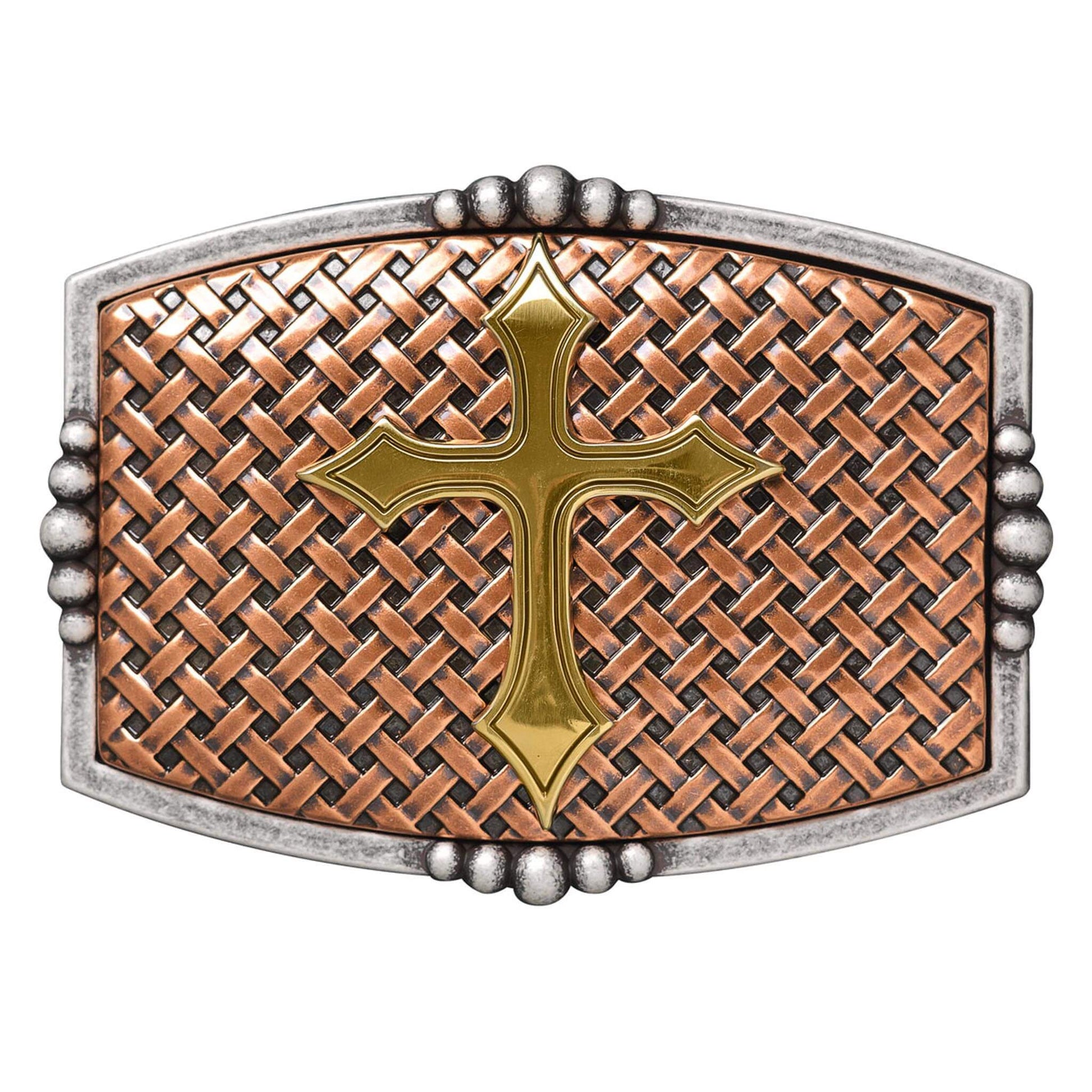 A western belt buckle that features a beautiful cross motif against a contrasting basket weave background. This buckle will add a distinctive accent to your favorite belt. 2-3/4" x 3-3/4"&nbsp;