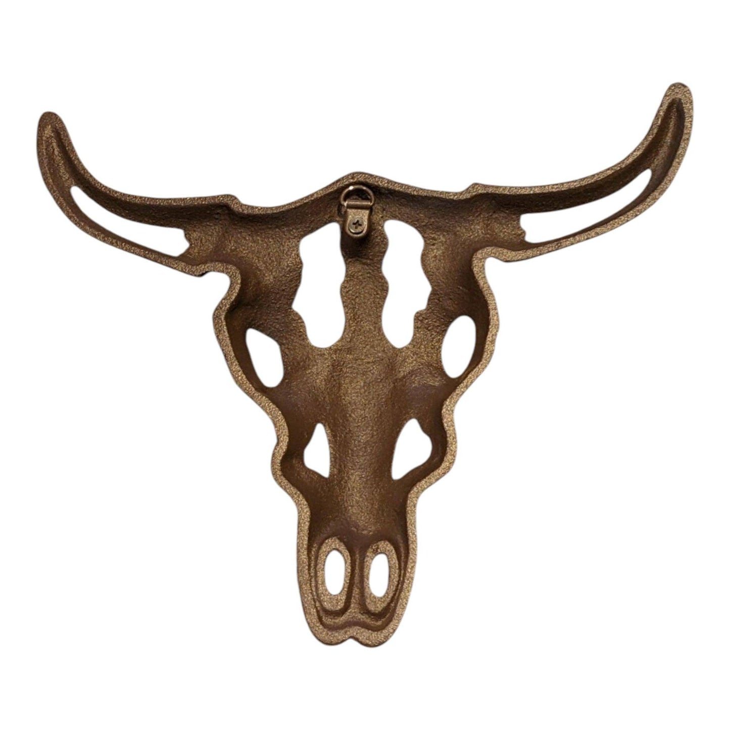Cast Iron Bull Skull Wall Decor in a rustic bronze finish, perfect for Western-themed home decor.