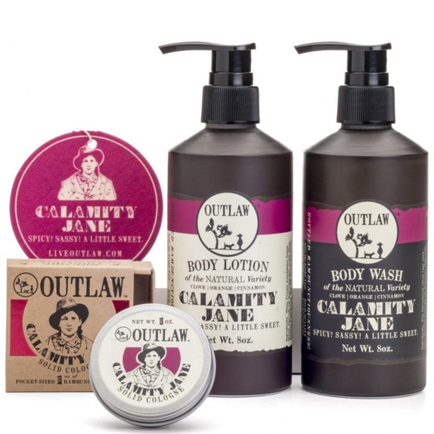 Calamity Jane smells like clove, orange, cinnamon, and a kick of whiskey (of course!). It's quickly growing in popularity as one of our most beloved scents, and no question why: It's great for both men and women, it's sweet with a kick.&nbsp;