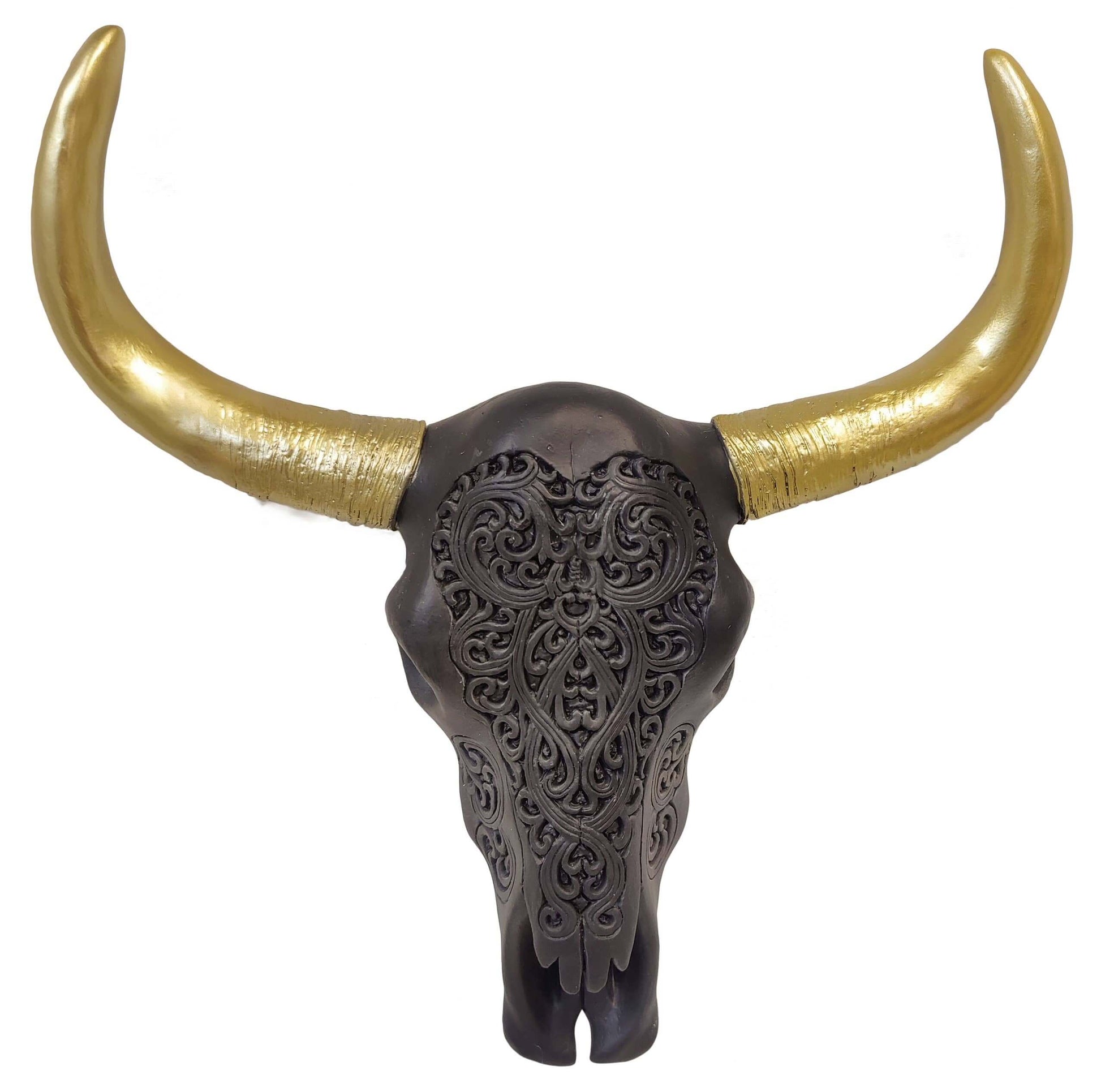 Tribal Jet Black Longhorn Cow Bull Skull Wall Décor with ornate detailing and golden horns.