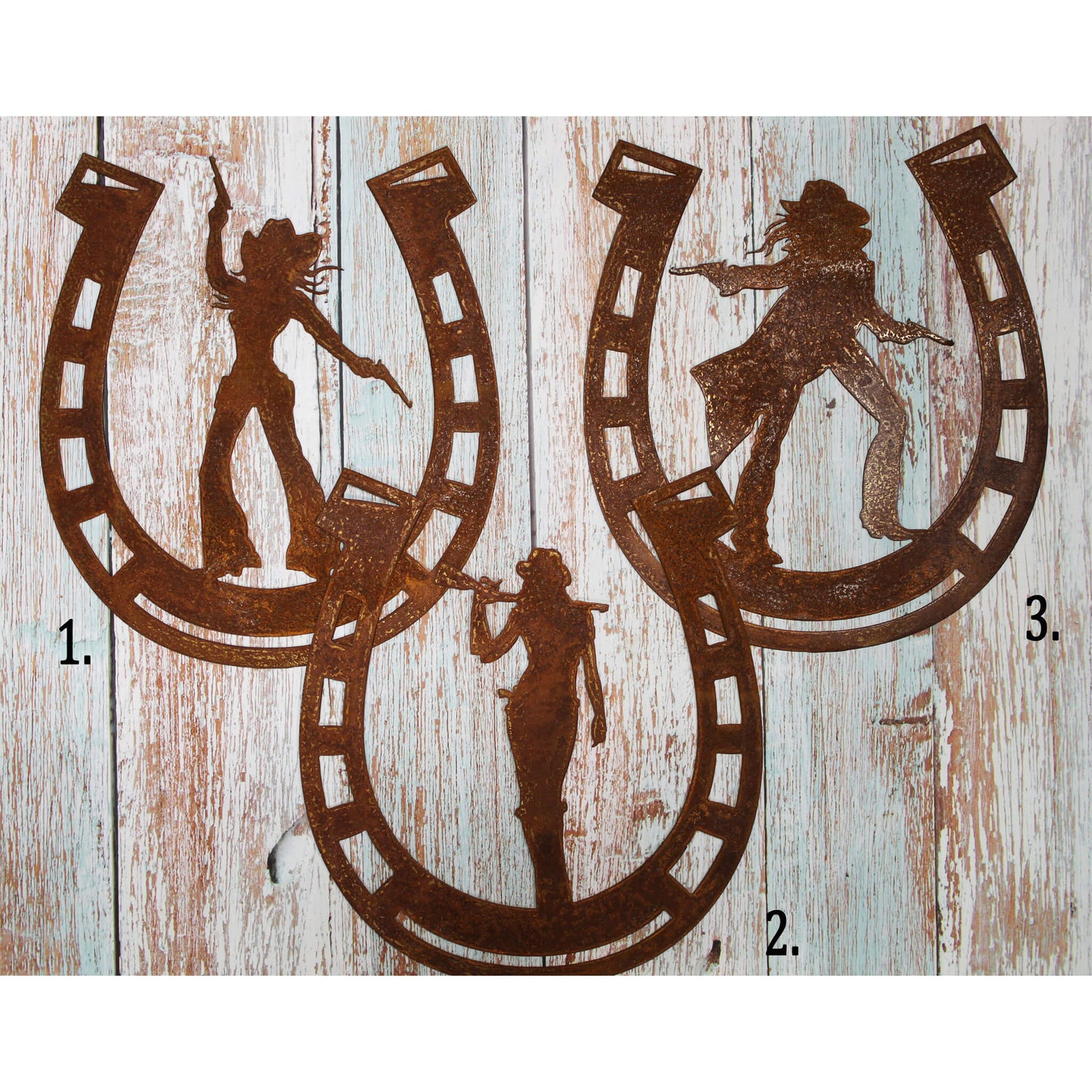 Rusted metal cut out in a horseshoe shape in three differnt cowgirl silhouettes and we call them Charlie's Cowgirls. Heavy Duty. Good for indoor or outdoor display in your home, barn, ranch or office. Measures about 11" wide by 12" tall. Made in Oregon.