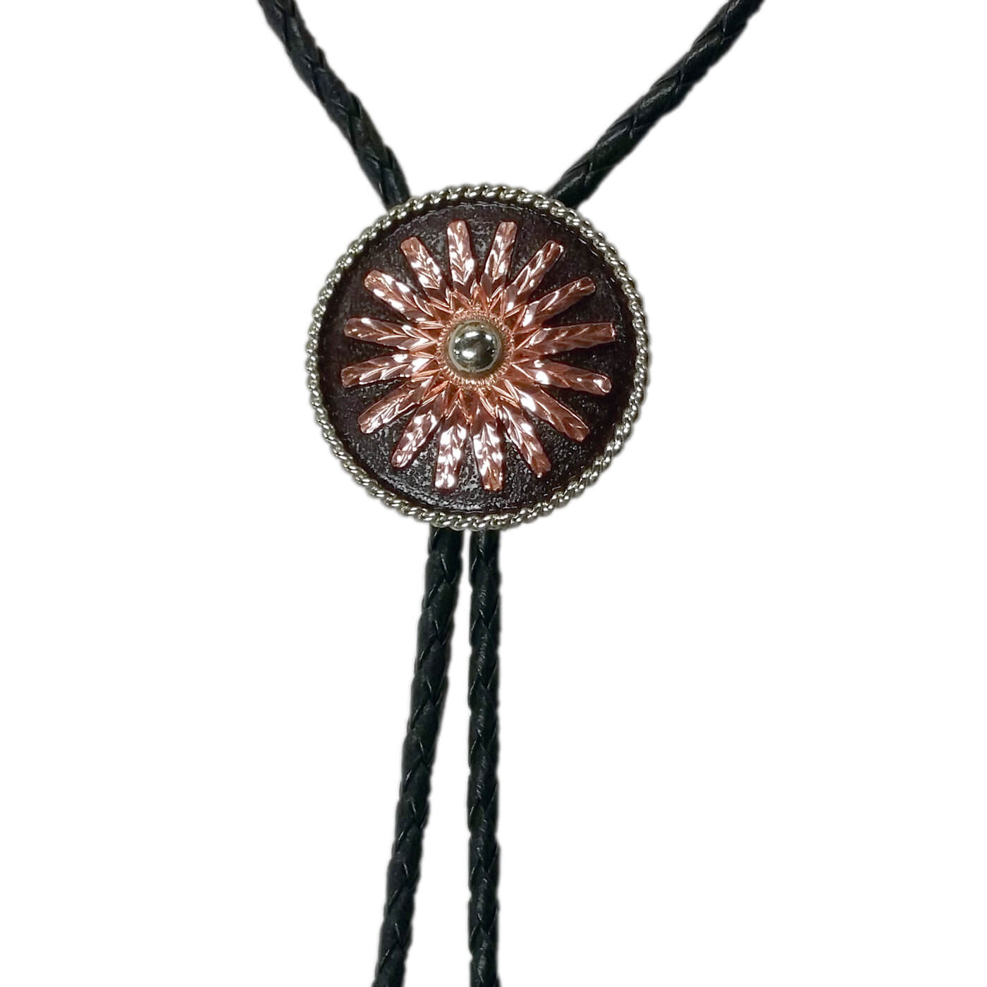 This bolo tie features a 1-1/2" Concho with a copper rowel that has a stunning contrast of color on the black background. Sophisticated and modern a great addition to your wardrobe. Measures the standard 36" Long.