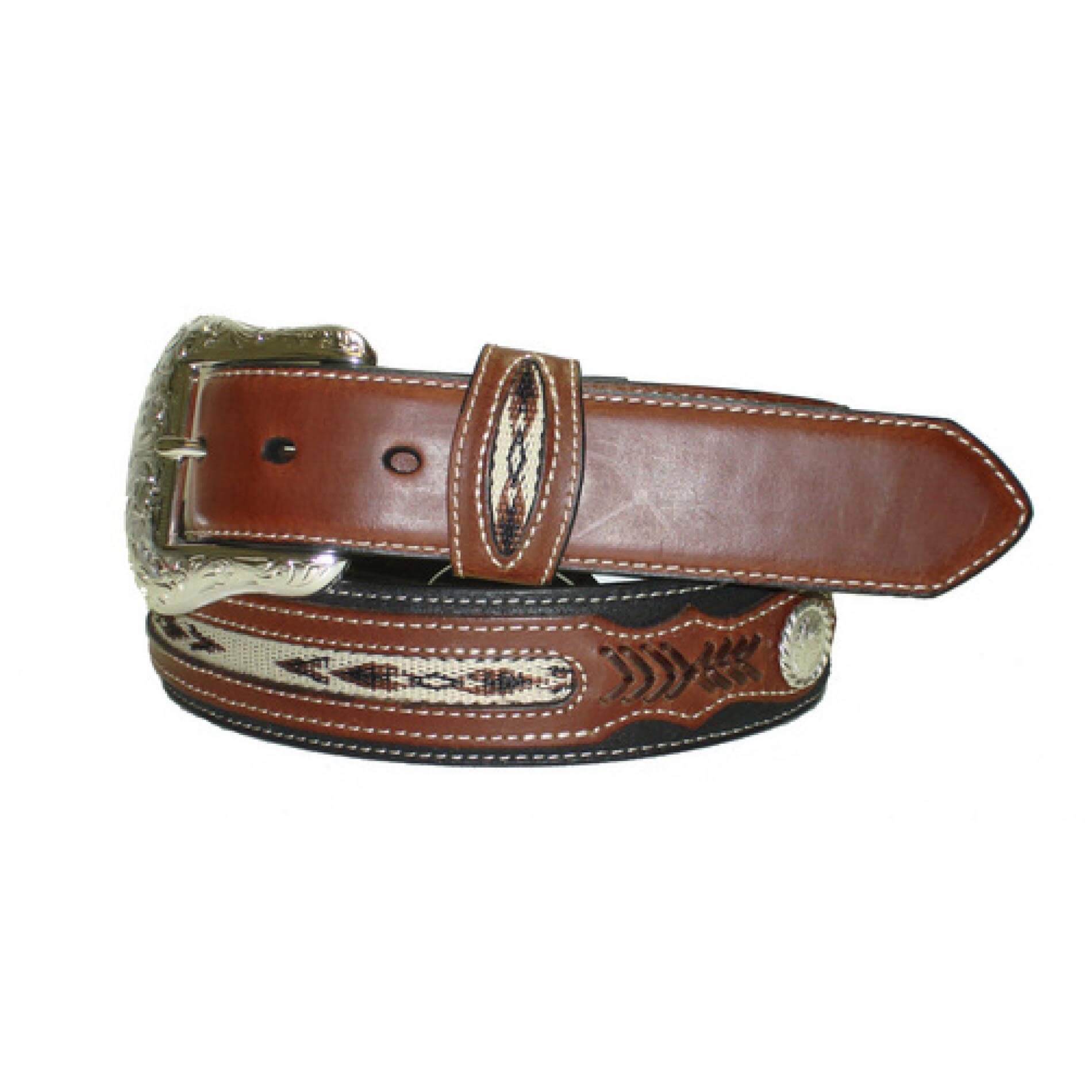 This Nocona leather belt is cowboy style, all the way! This belt is extra fashionable and is sure to add some character to an outfit. Detailed with silver conchos, arrow leather lacing accents, and horsehair inserts on black or brown genuine leather. Silver-tone buckle &amp; leather keeper are removable.