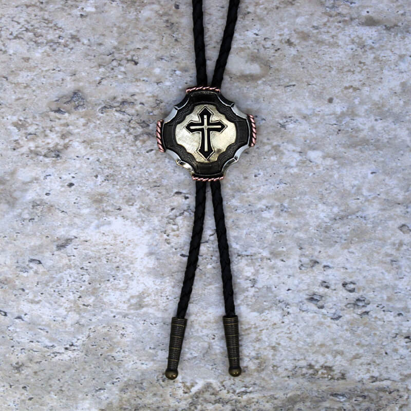 This Cross Bolo Tie has an authentic western look for a sharp appearance with a nice silver finish and a cross. Perfect bolo tie for church or your next event. Cord Measures about 36" long.