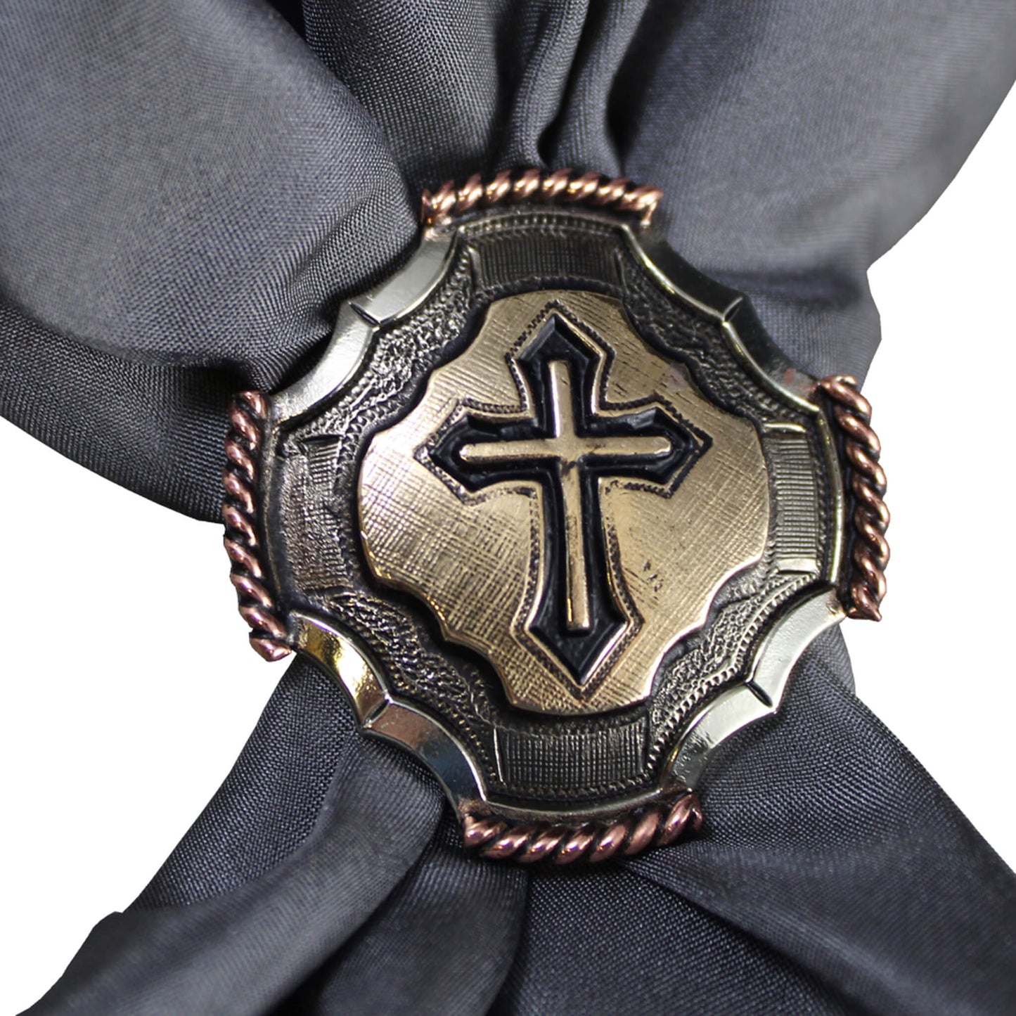 A silver cross slide with bronze on the sides and gold in the center. Has a double ring on the back for the scarf to slide through. 1 ½” x 1 ½” German Silver Scarf Slide