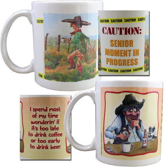 The delight of the Old West — zany western cowboys — are captured on these colorful Western coffee mugs. These 12-oz ceramic mugs. All are dishwasher safe, too!