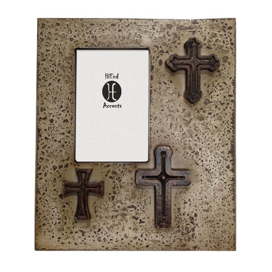 Add a bit of rustic to your home with the distressed cream photo frame, perfectly accented by a beautiful three cross design. For photographs measuring 4" X 6". Can be utilized with vertical photographs only. Back has swing tabs for easy installation, and a thick layer of glass protects your image. Measures 11" X 9". Imported