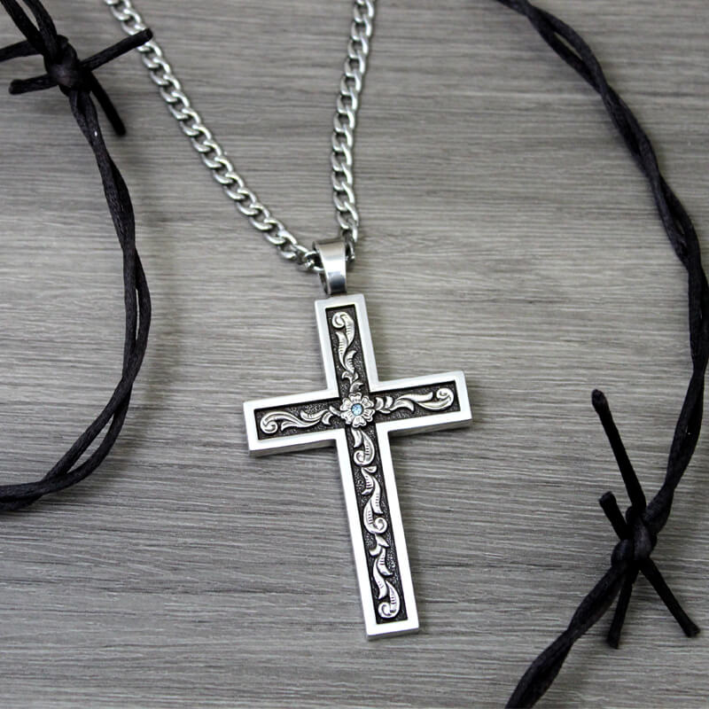 Shop large selection of cowboy cross necklaces for men. Silver western cross with scroll design on a 24 inch chain.