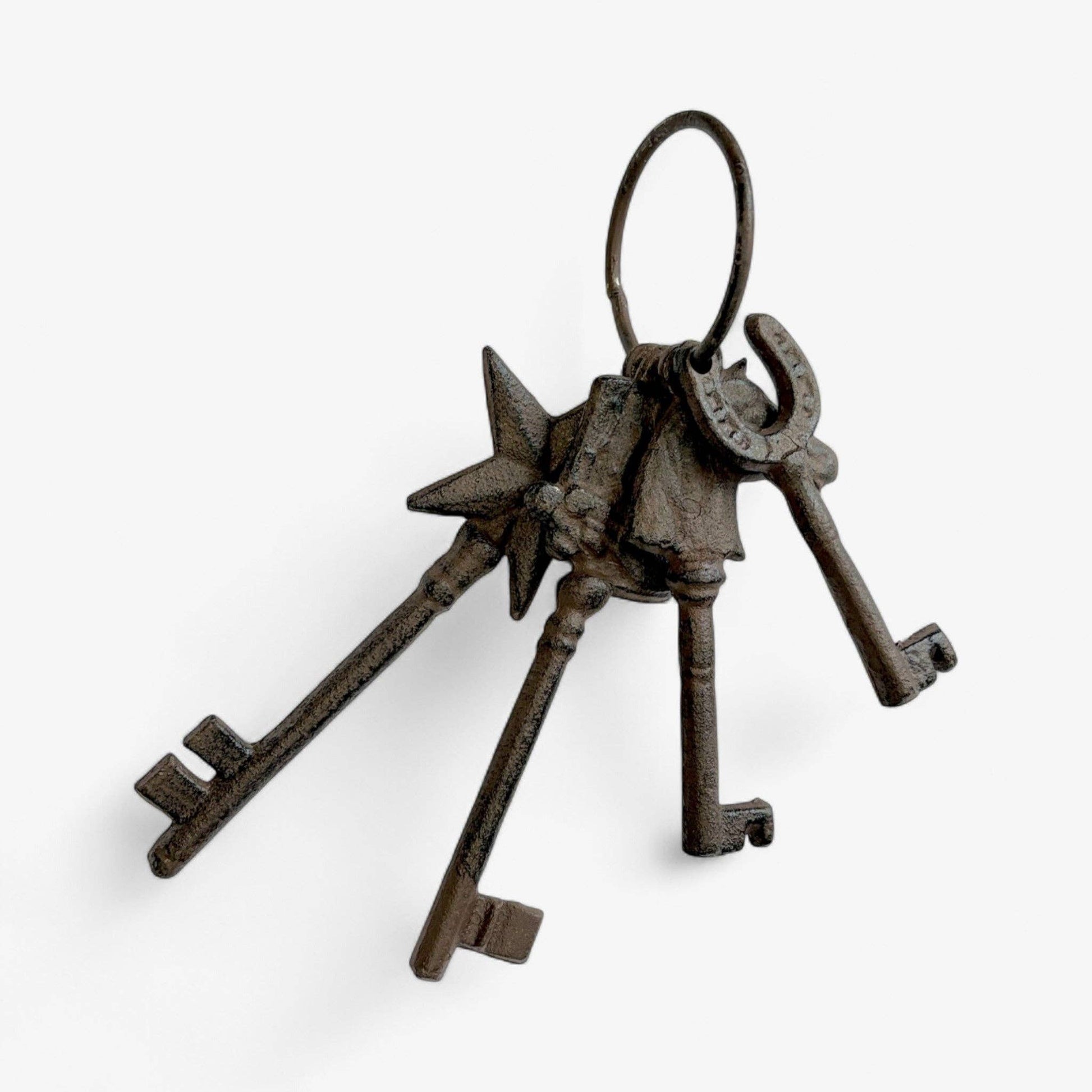 Set of old-fashioned keys on a white background