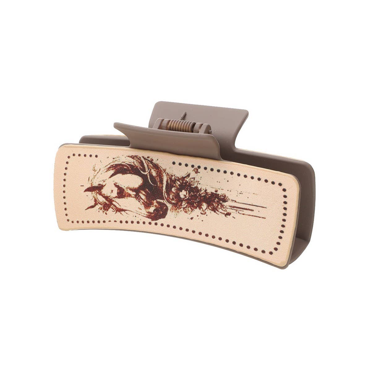 Hair clip with leather-like design and horse illustration on a white background