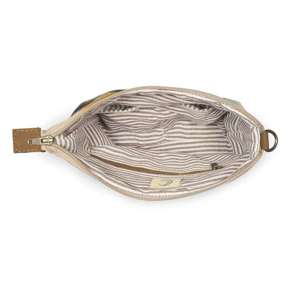 Open bag with striped interior on a white background