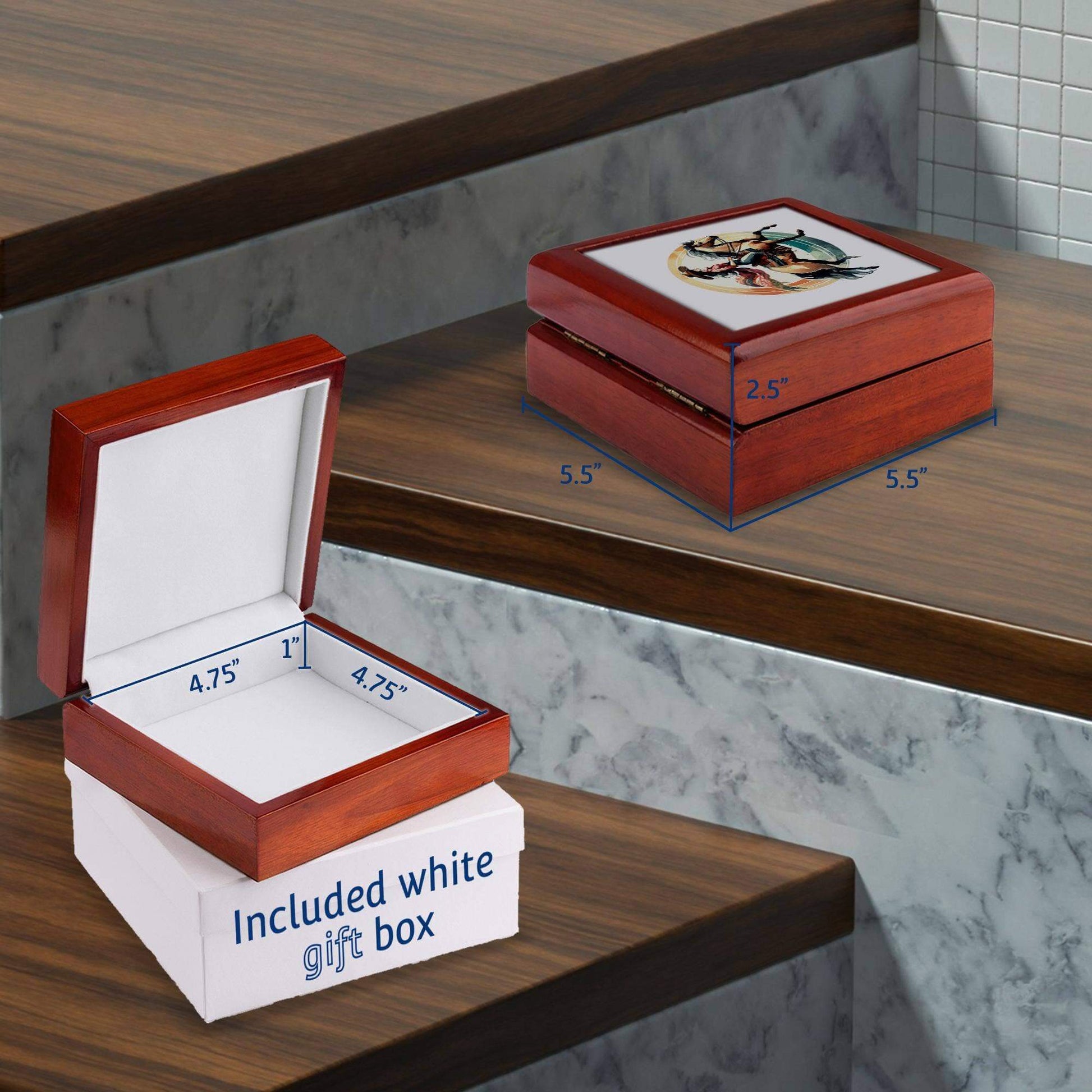 Wooden jewelry box with measurements and a white gift box on a wooden surface.