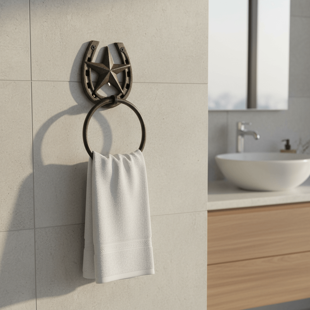 Rustic Country Bathroom Accent Towel Ring featuring a horseshoe and western star design, perfect for country-themed decor.