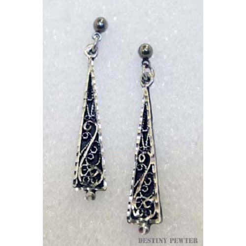 Destiny pewter earrings are made of fine jeweler's pewter that is extremely lightweight and has a brilliant shine. each piece is handmade and hand finished with diamond cuts. The sparkly cuts give each piece a unique dazzling sparkle. All earrings have a hypo-allergenic post or wire made of surgical steel. Made in USA