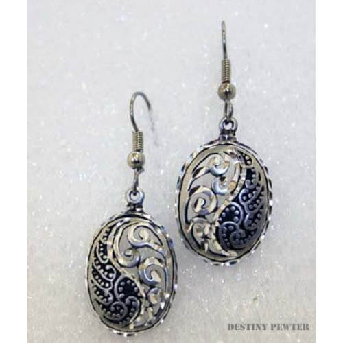 Destiny pewter earrings are made of fine jeweler's pewter that is extremely lightweight and has a brilliant shine. each piece is handmade and hand finished with diamond cuts. The sparkly cuts give each piece a unique dazzling sparkle. All earrings have a hypo-allergenic post or wire made of surgical steel. Matches our Paisley Oval Necklace. Made in USA