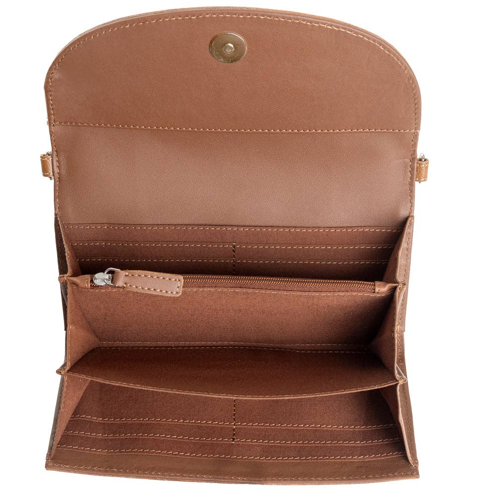 Brown leather wallet with multiple compartments on a white background