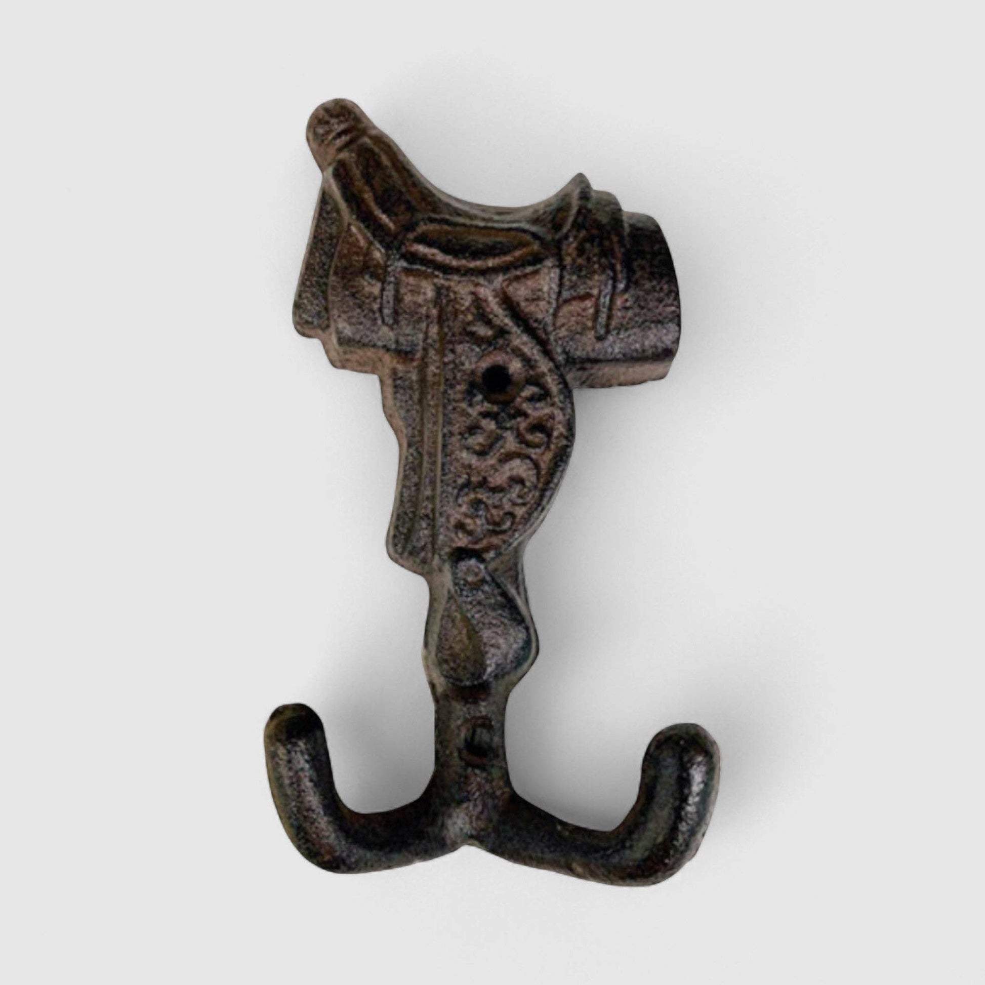 Old West Cast Iron Horse Saddle Hook with detailed saddle design for coats and horse tack.