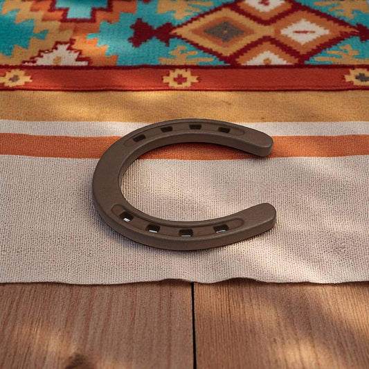 Rustic Western Cast Iron Horseshoe Home Decor Accent on patterned fabric background