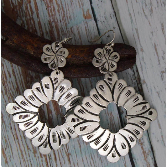 Trendy Silver Strike earrings. Floral square design. Lightweight so these will be comfortable all day long. Very Cowboy Chic! Measure 2-1/2" Long by 2" wide. Imported