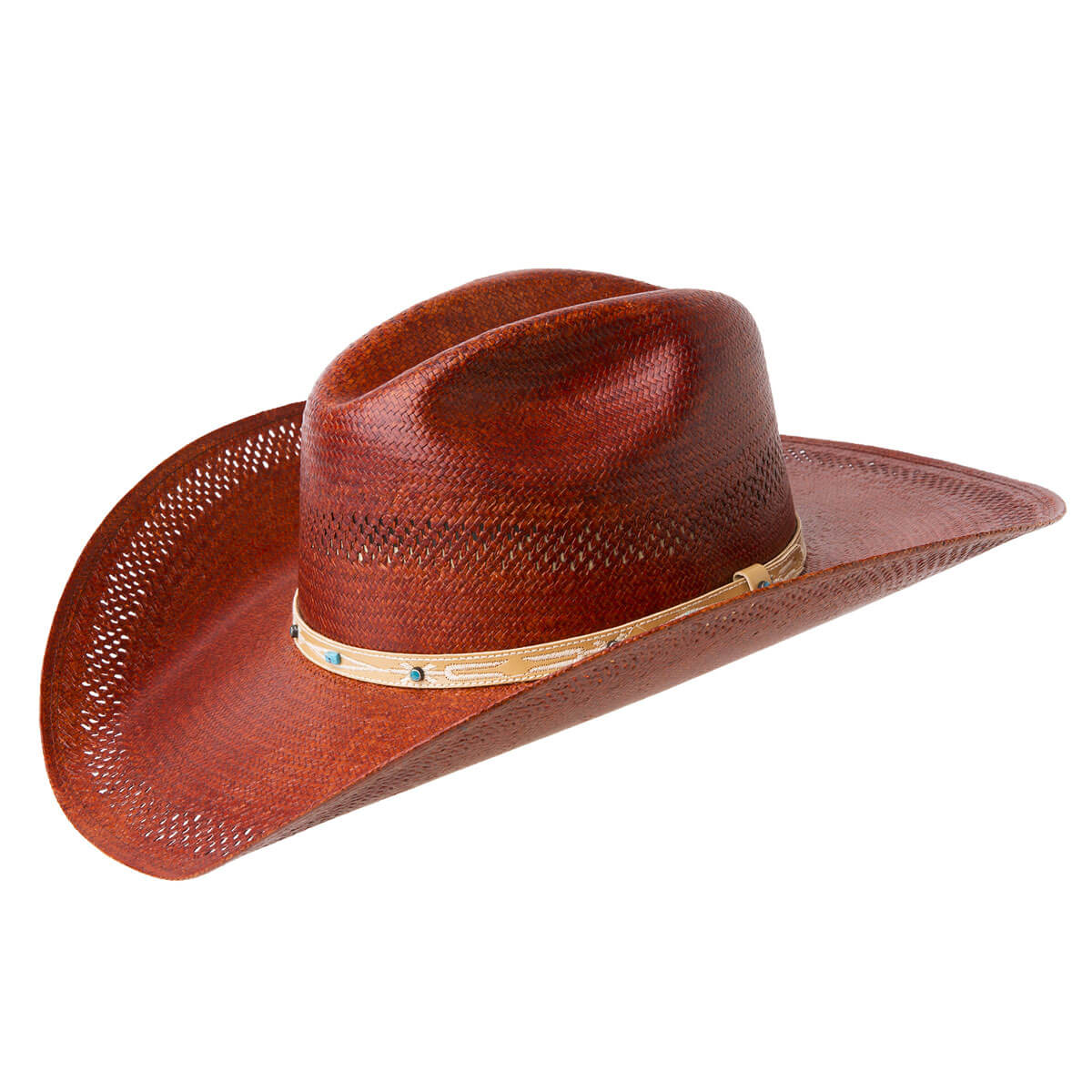 Might just be that missing piece you need to top off your rodeo and horse show apparel! Henna Center Dent crown hat with a vent pattern on crown and brim, and a tan genuine leather band with embroidery and turquoise studs and stones. This sweet straw western hat is stiffened to maintain a sharp structured look with a 4" brim.