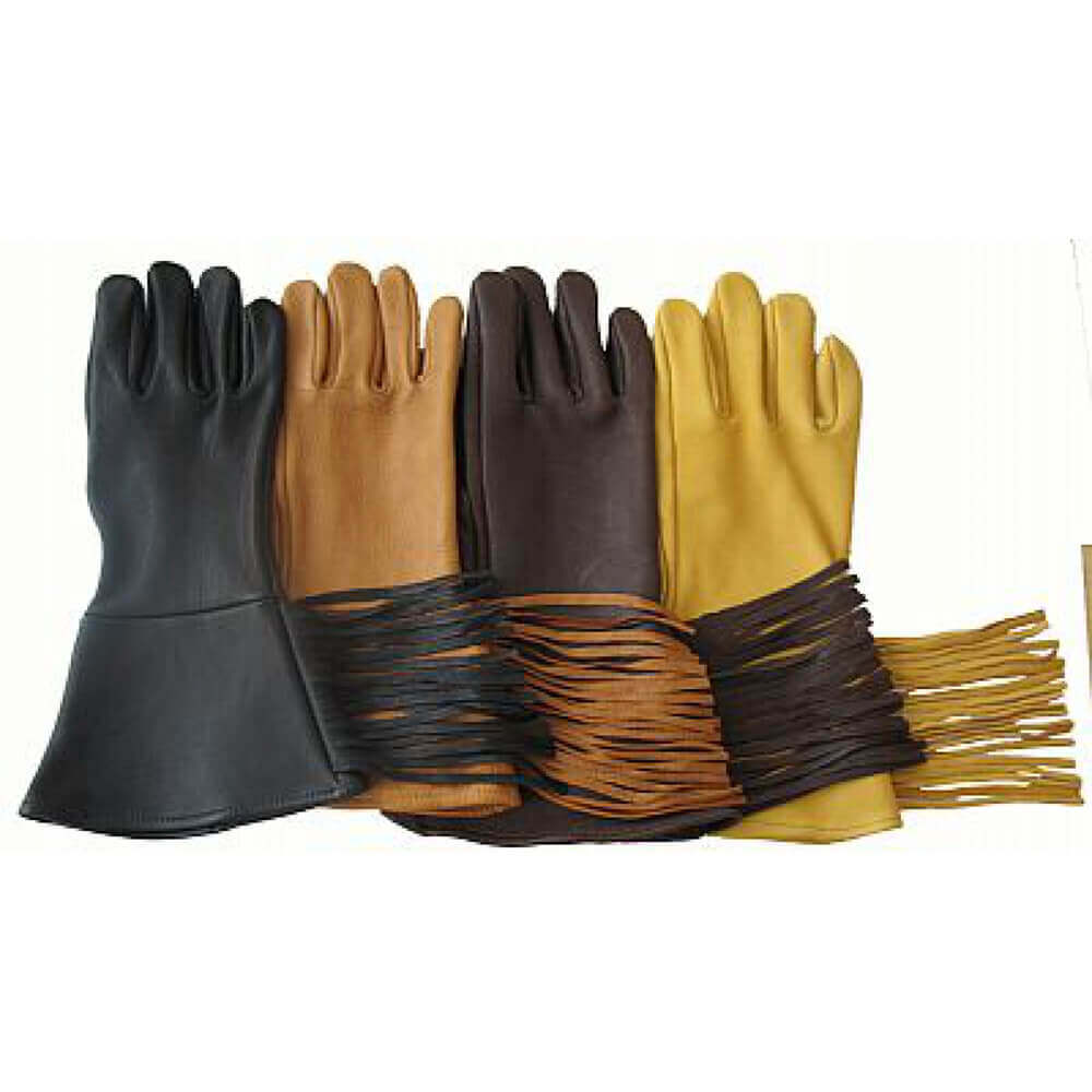 Made from strong and supple authentic buckskin these gloves just get better with age. Glove flares from wrist seam to a 4-5" gauntlet with a 6" fringe and a stitched leather hem. Measure around the widest part of your hand at your knuckle to the nearest 1/2" and that's your gloves size.