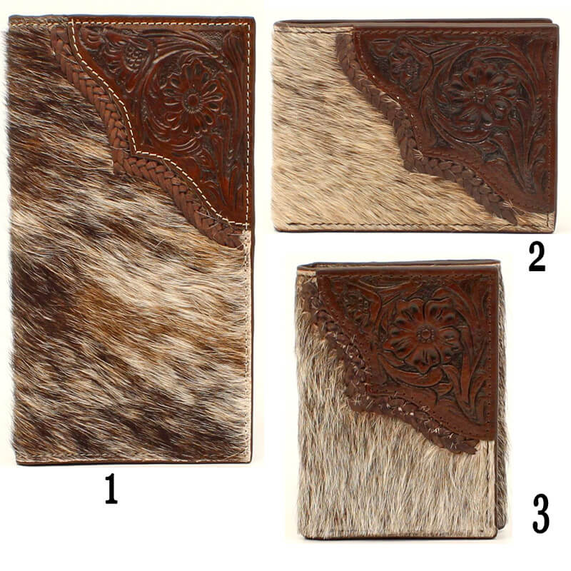 These leather wallets have calf hair on the front with a floral tooled upper right corner. Beautifully accented with a braided leather edge. Classy and functional wallets with western edge. Sold separately. Imported.