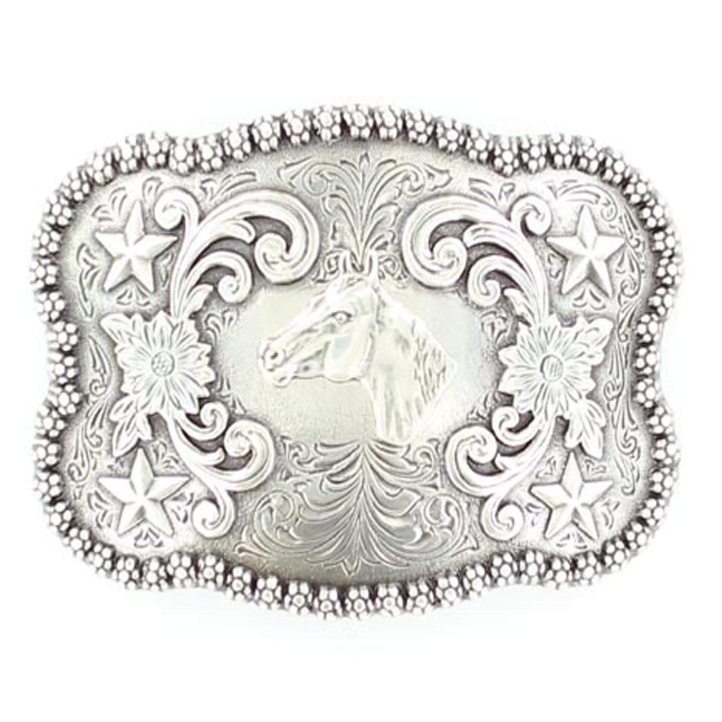 Buckle features a silver rectangle shaped buckle with a gold rope edge accented with a horse's head profile in the center. Measures: 2-3/4 x 3-3/4.