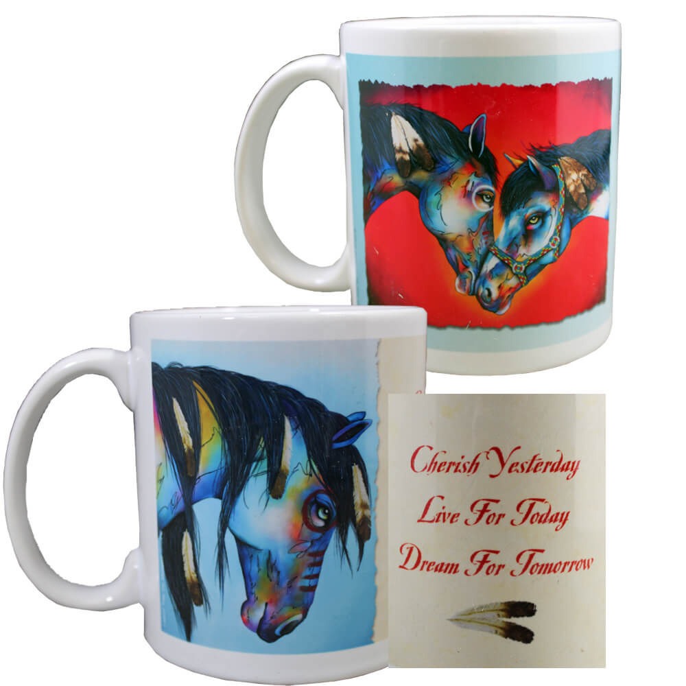 Delightful horses are captured on these colorful Western coffee mugs. These 12-oz ceramic mugs come with sturdy boxes making them ideal for gift giving. All are dishwasher safe, too!