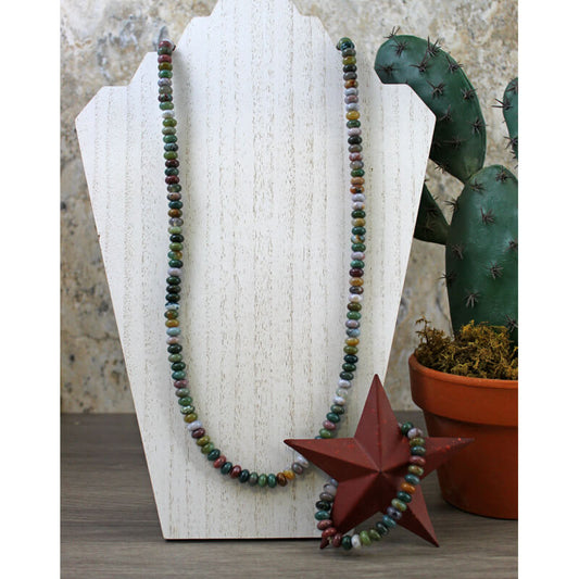 This jewelry has a beautiful blend of soft earth-tone colors. This beaded jewelry makes a bold statement inspired by modern western style. Add this eye-catching western necklace to any look! Necklace 32" Bracelet Sold Separately.