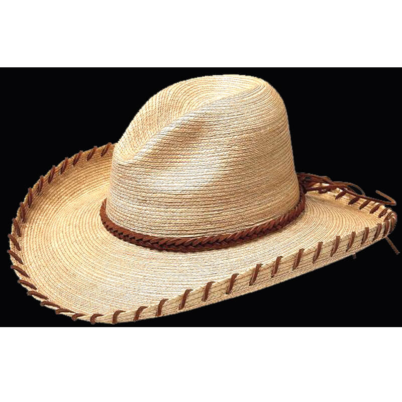 Natural oak-colored Guatemalan palm Gus, 4" brim (shown). Suede-laced brim, braided suede hatband.