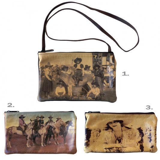 Vintage Cowgirl Leather Purse and Cosmetic Bag. Vintage Western Hangbags with images of vintage cowgirls. These cowgirl purses make a great gift and western collectible.