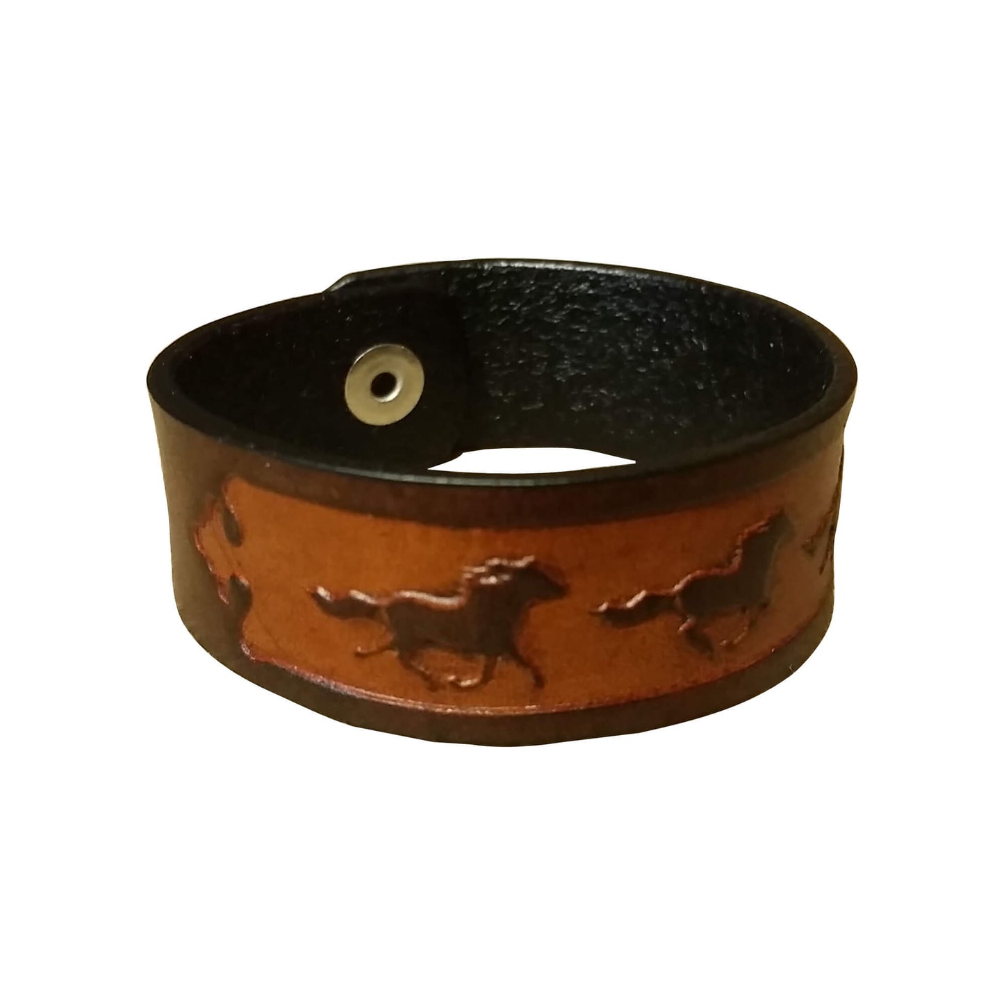 Show your love for horses! This bracelet with running horses embossed on a leather band should do the trick. Measures 7/8" wide and approximately 7" when closed.