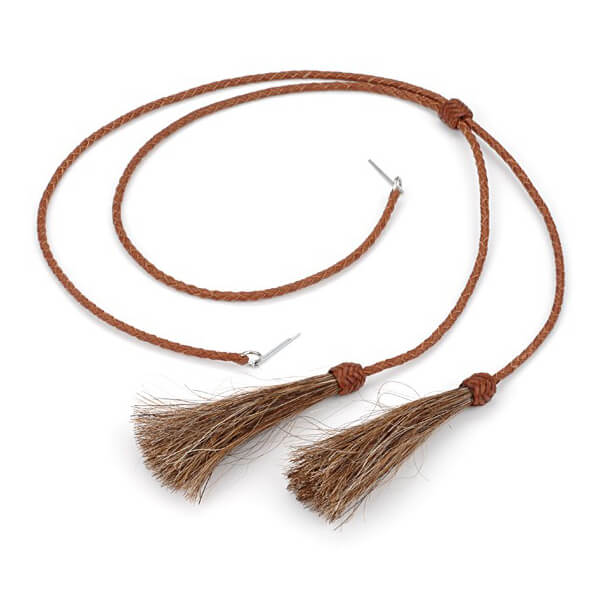 Braided Leather Stampede Strings with horse hair tassels. Solid black. Fastens to hat with cotter pins that push between the sweatband and the hat. Length: 27 inches.