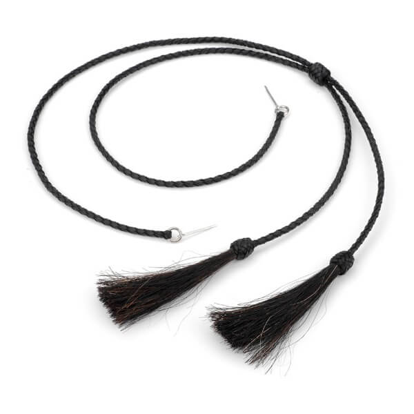 Braided Leather Stampede Strings with horse hair tassels. Solid black. Fastens to hat with cotter pins that push between the sweatband and the hat. Length: 27 inches.