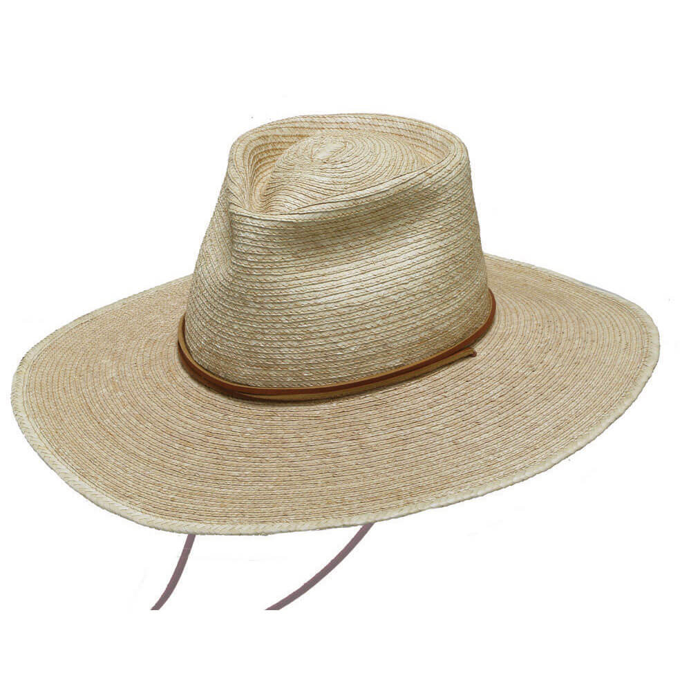 We bring you the 4" Brim Guatemalan oak-colored palm leaf hat with 4-1/4" crown (creased). Shown with tan leather stampede string