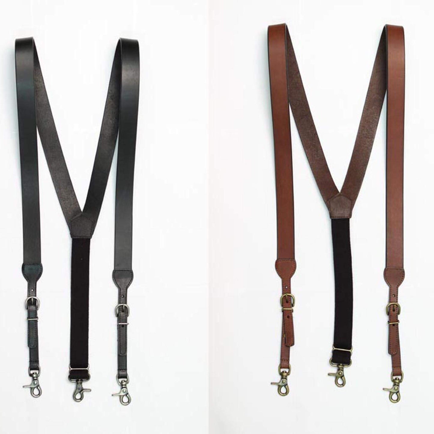 <span data-mce-fragment="1">These galluses are smooth leather with beveled edges.</span><span data-mce-fragment="1">&nbsp;&nbsp;</span><span data-mce-fragment="1">Heavy duty elastic adjustment on the back with one snap, and two snaps in the front to get that perfect fit.</span><span data-mce-fragment="1">&nbsp;&nbsp;</span><span data-mce-fragment="1">These conveniently snap to your belt loops. Imported</span>