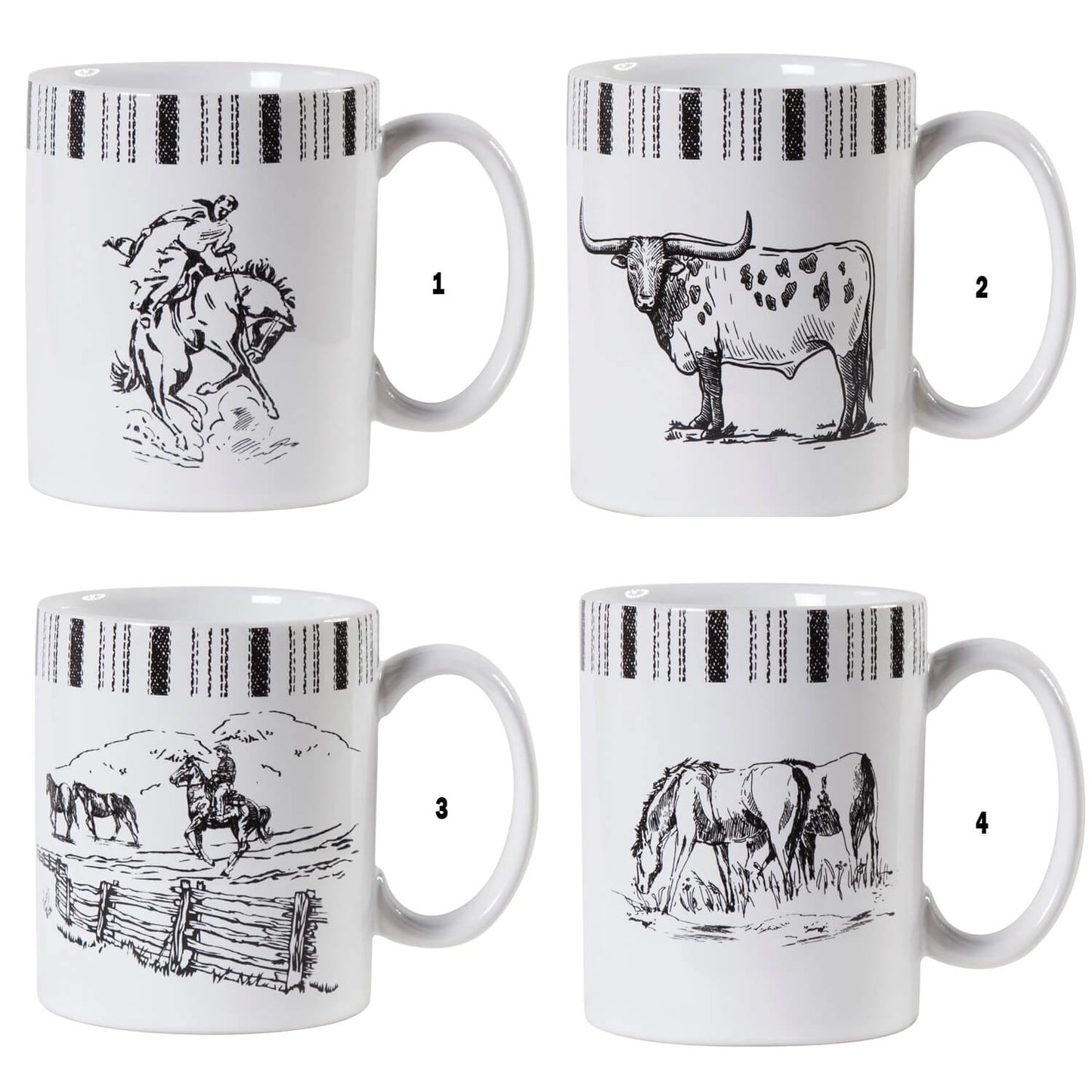 Our Ranch Life Horse Mug is a playful way to add Western charm to your dining table. In a versatile black-and-white colorway, these mugs feature a cowboy wrangling horses, bucking bronco, a Texas Longhorn or a remuda of grazing horses all sold separately. Complete a whimsical, rustic dining ensemble when you coordinate with other pieces in our Ranch Life Collection. Large mug great for coffee, tea and soups. 4.53"H x 3.8"D Ceramic. Imported.