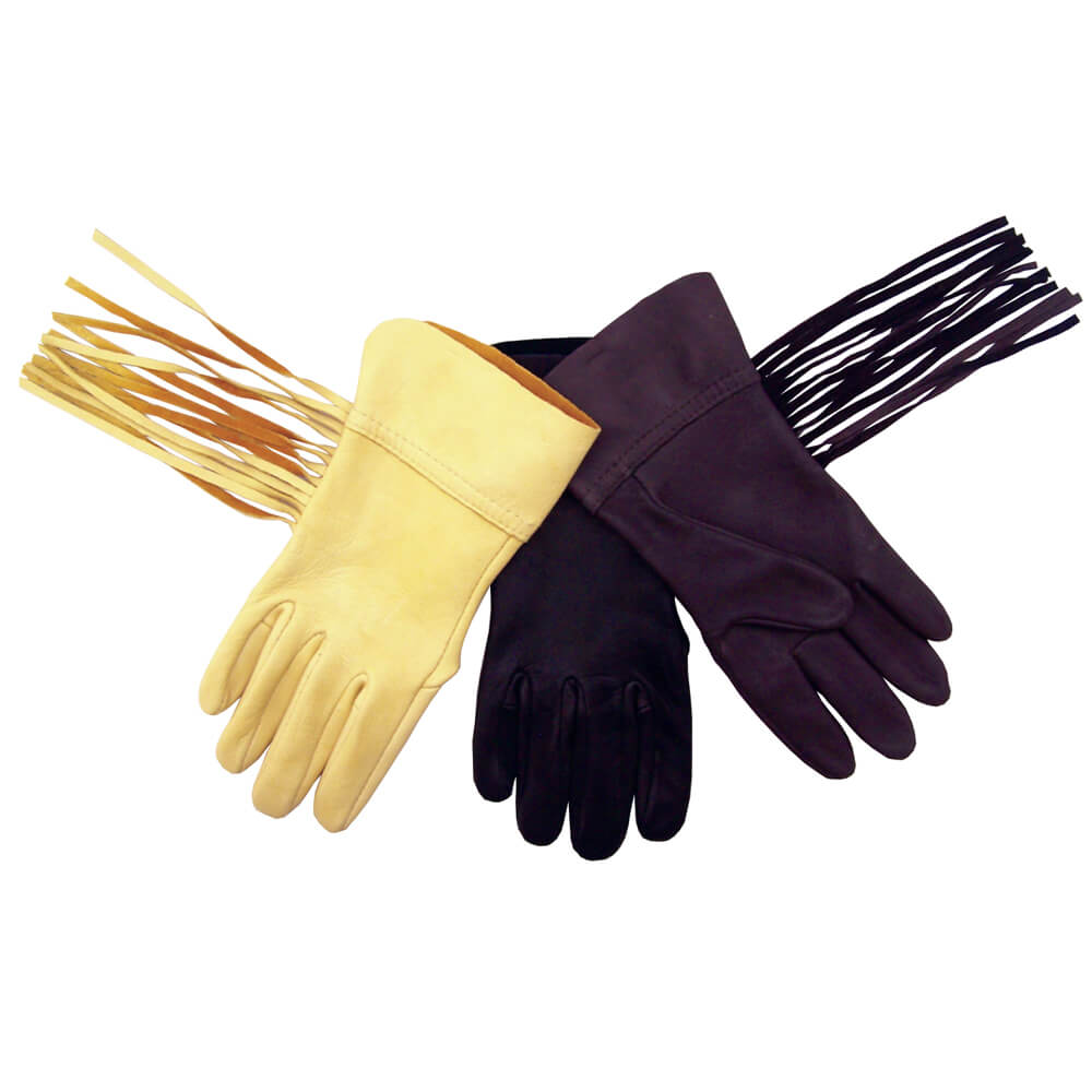 These gloves are fashionable and excellent for driving horses or light duty work. A shorter version of the traditional Gauntlet includes fringe down the side for the classic touch with a stitched leather hem. Made of unlined Deerskin leather in sizes S(6) M(7) L(8) XL(9).