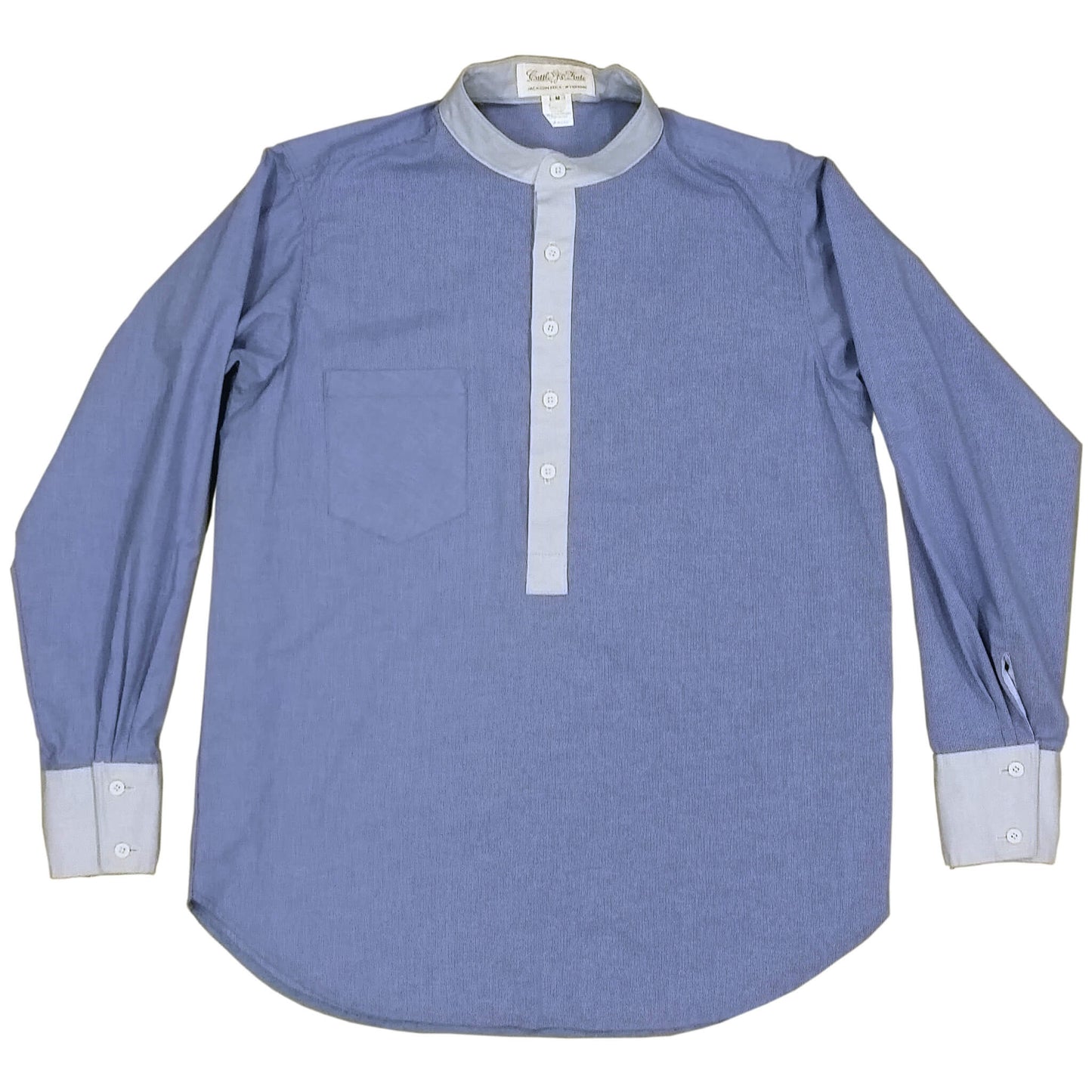 The cowboys back then didn’t look much different from the simply dressed cowboys of today. Their clothing didn’t focus so much as looking sophisticated, rather they simply wanted clothing that could stand up to the rigors of the Western Plains. This Pullover shirt features a button down front placket, two button closure cuffs and a band collar. Shirt is made of comfortable and breathable cotton in tan pattern with khaki contrast. Made in USA.