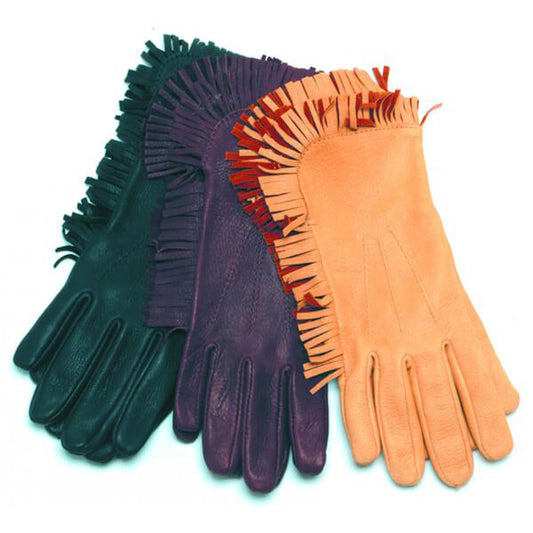 These Ladies Fringe Cowgirl gloves are fashionable and excellent for driving horses, casual wear, or light duty work. Designed with tress stitches on top and short fringe around the wrist and side for a classic touch. Made of unlined deerskin leather in sizes S (6), M (7), L (8), XL (9).