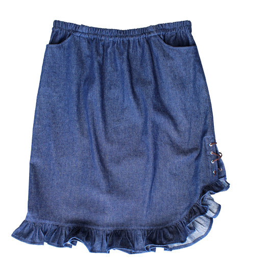 Our Tie'em Up Ruffle Skirt is design with our Crazy Kate feel. The small ruffle around the bottom comes up slightly on the right leg and ties, giving this skirt an asymmetrical look. Two front pockets for convenience and an elastic waistband for comfort. Made in USA