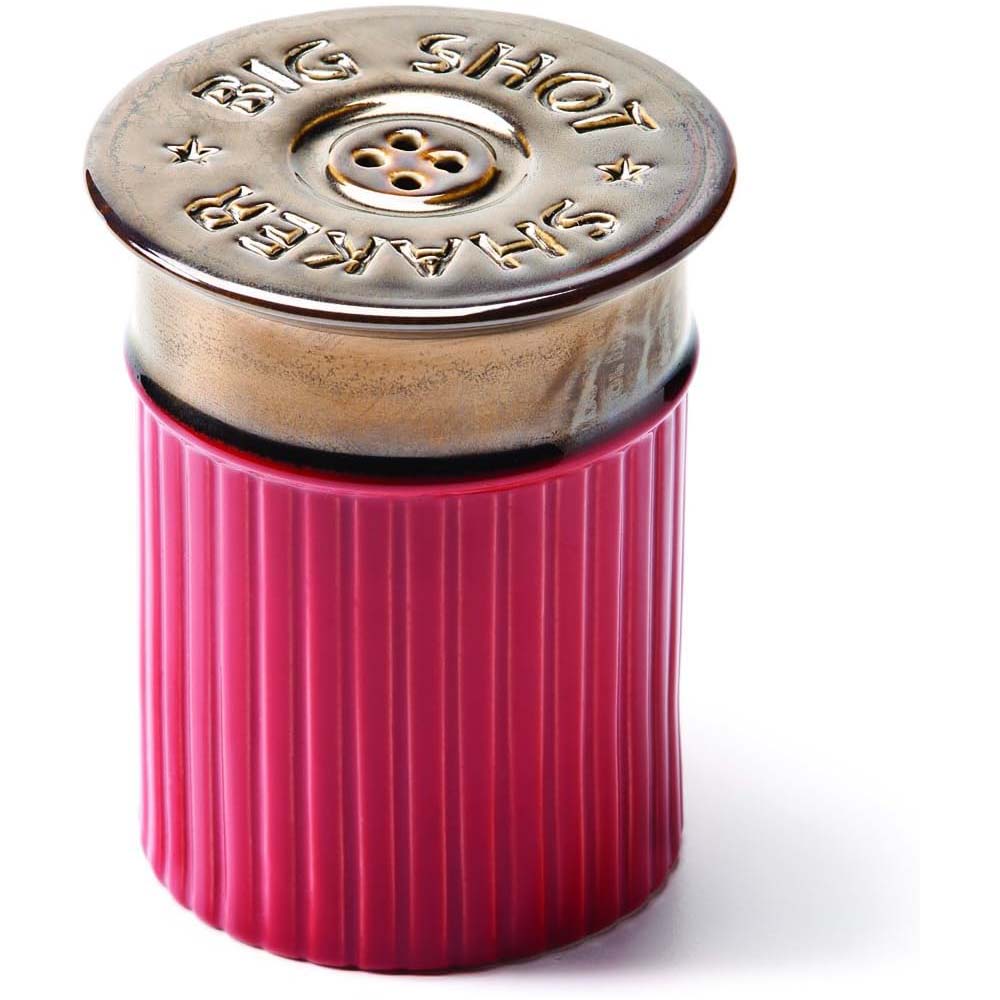 The distinctive 12-gauge shotgun shell design of this stoneware spice shaker brings a personal touch to the kitchen for hunting enthusiasts.