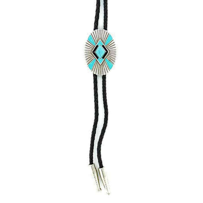 Add some flair to your western wear! Double S bolo tie features a black braided rope with silver tips accented with a silver southwestern oval Concho embellished with black and turquoise painting and a centered turquoise stone. Adult bolo-36" long.