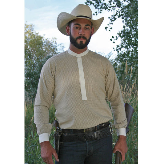 The uniform of the cowboy provided protection from the elements and comfort during many hours on horseback. This shirt will offer today’s cowboys a comfortable, cool version of the uniform once worn. Pullover shirt features a button down front placket, two button closure cuffs and a band collar in a white contrast. Shirt is made of comfortable homespun cotton in a cream and tan checkered pattern.