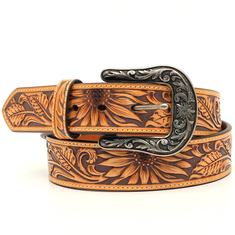 This stylish ladies belt is a must have for your closet. It features a sunflower embossed pattern on the strap. This quality belt will look good with any outfit and will surely be your favorite. Measures 1-1/2" wide with removable buckle. Imported.