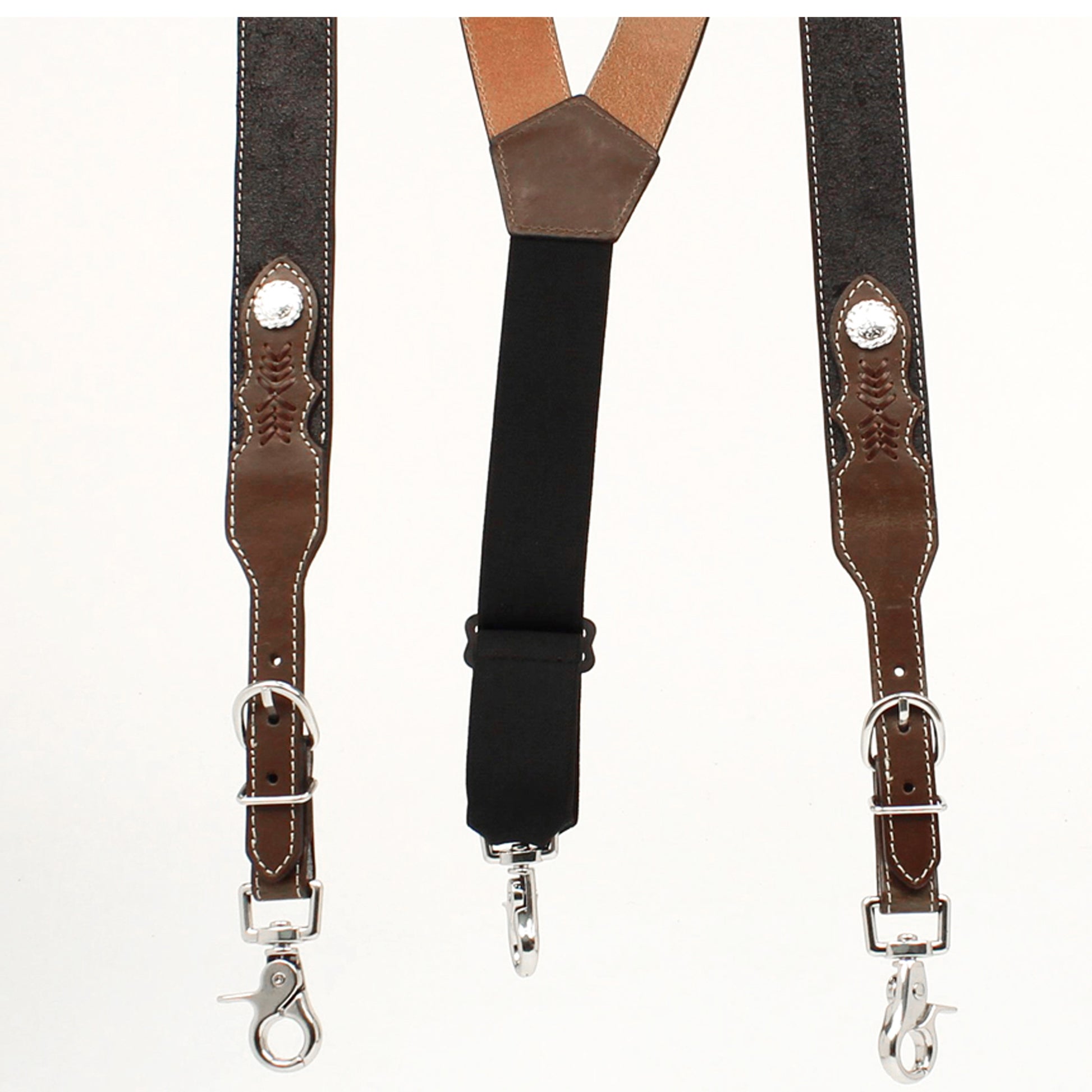 Made from top-grain, heavy duty cowhide, these leather suspenders are a cowboy’s dream. The supple and neatly crafted black leather pairs perfectly with the scalloped tan billets and highlighted silver conchos, making these Western leather galluses an ideal addition to your Old West look. Imported