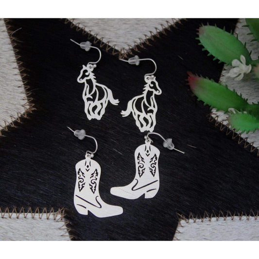 These super fun earrings are lightweight and comfortable to wear. Cowboy boot design or running horse. Sold Individually. Measure approximately 1-1/4" long by 3/4" wide. Imported.