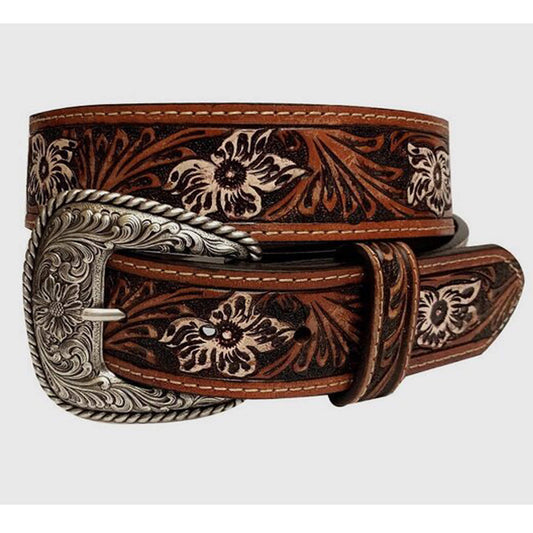 Cute Cowgirl belt that will be your favorite go to belt that elevates the style just right. Distressed Genuine Leather belt with floral hand tooled designs down strap, white hand painted flowers, contrast single stitched edges, and removable Western floral buckle in silver finish. Imported.