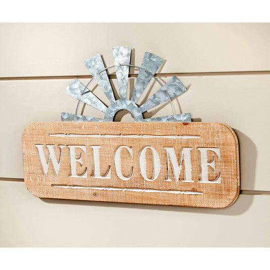 <span>Engraved WELCOME sentiment wall décor with a galvanized metal windmill accent.&nbsp; Measures&nbsp;</span><span>16 x 9.8 inches. Imported.</span>